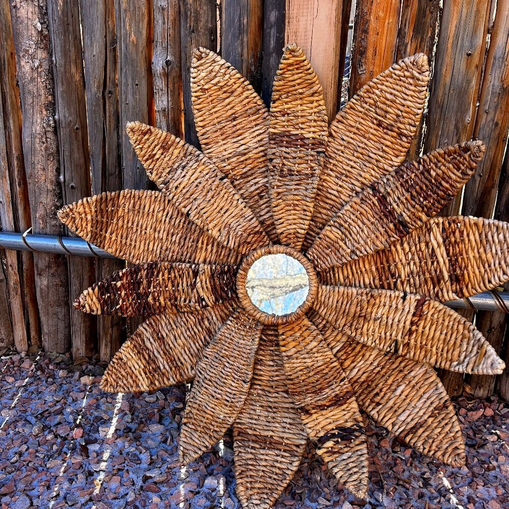Ratan sun wall art with mirror. hanging sun.